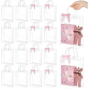 12 count Clear Plastic  Bags with Handles, 9.84'' x 7.87''x 2.76'',  Party Favor Bags with Ribbon Bows Transparent  Wrap Bags Bulk for Weddings Birthdays  Shower(Pink)