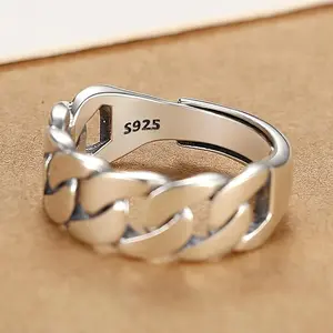 Unisex Adjustable Cuban Ring - 925 Silver Twisted Chain Classic Band, Metallic Detailing Fashion Costume Jewelry for Index Finger, Classic Band Rings, Metallic Detailing Rings