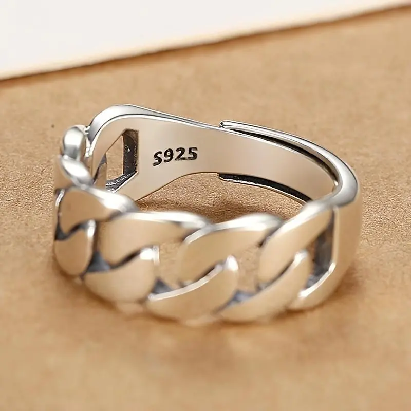 Unisex 925 Silver Adjustable Cuban Style Ring - Textured Band Ring with Twisted Chain, Metallic Detailing, Copper Costume Jewelry for Women, Engagement & Index Finger Wear
