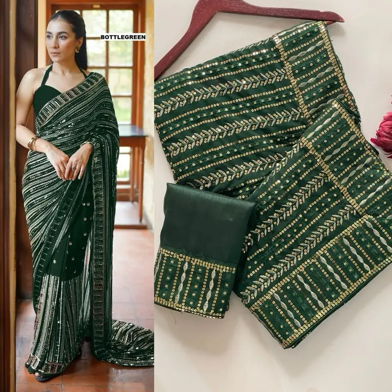 BOTTLEGREEN Women's Party Wear Sequin Saree Indian Wedding Diwali Clothing Heavy Collection in Bottle Green Color