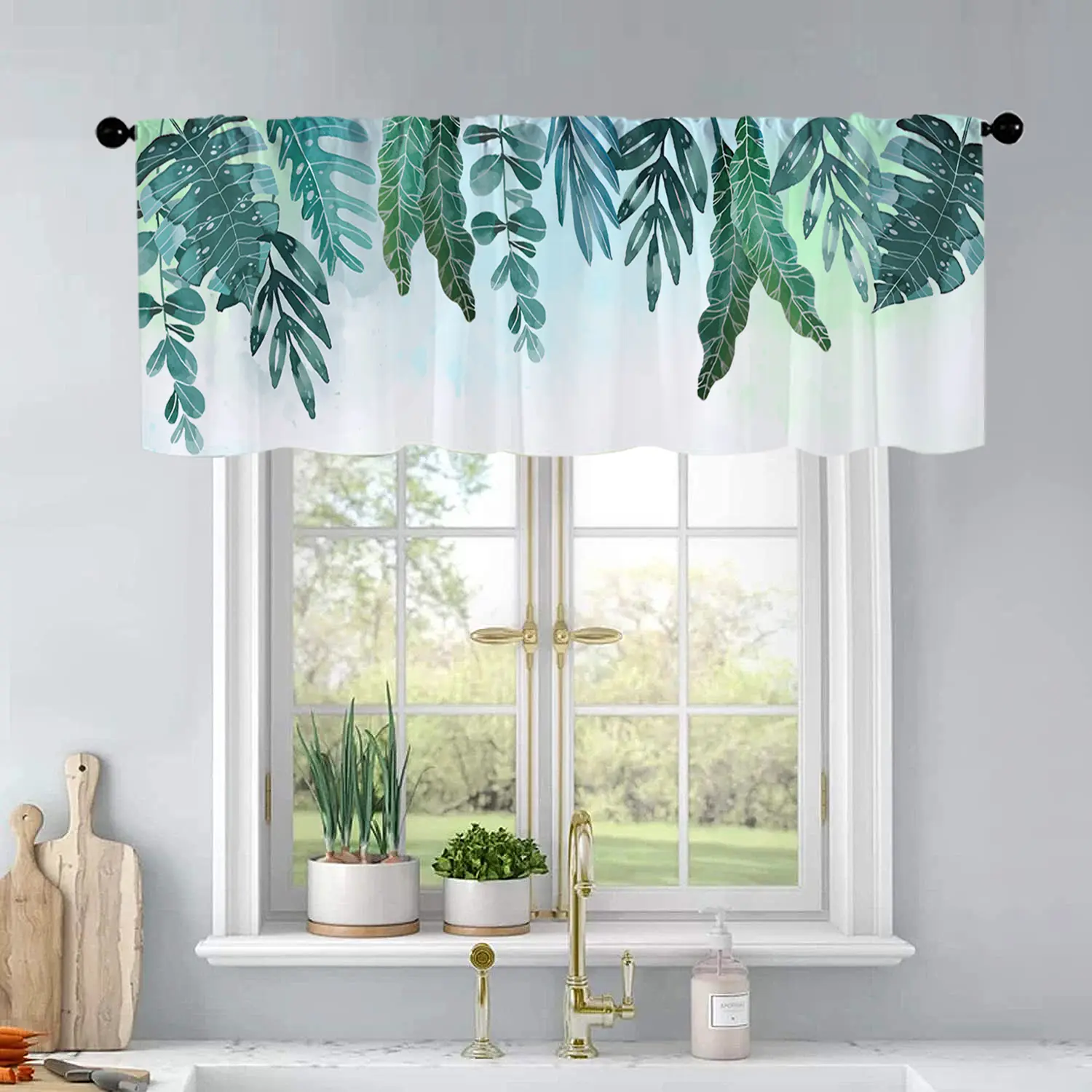 1Pc Spring plants with green leaves printed kitchen curtains living room bedroom bathroom home decoration 54 * 18 inches Sheer Printed Curtains