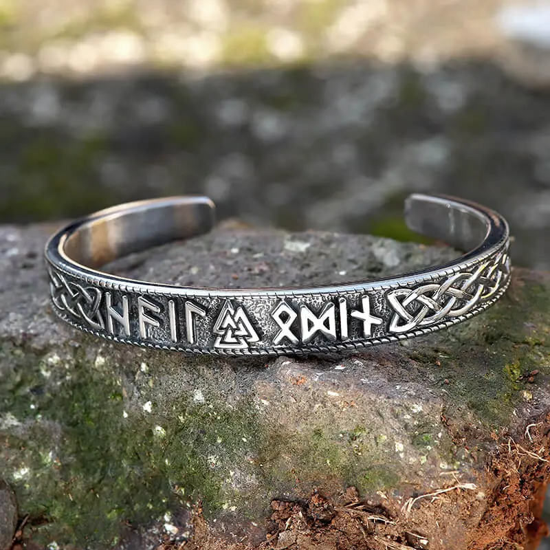 GTHIC Men's 9.8mm Stamped Futhark Runes Stainless Steel Viking Cuff Bracelet, Norse Mythology Valknut Accessories, Versatile Men's Accessories with Stamped Symbols for Daily Wear, Viking Theme