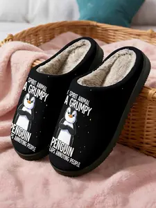 Cartoon Animal Penguin Letter Print Cotton Slippers Fashion Fuzzy Flurry 2025 2026 Home Indoor Outdoor Shoes, Casual Textile Rubber Sole