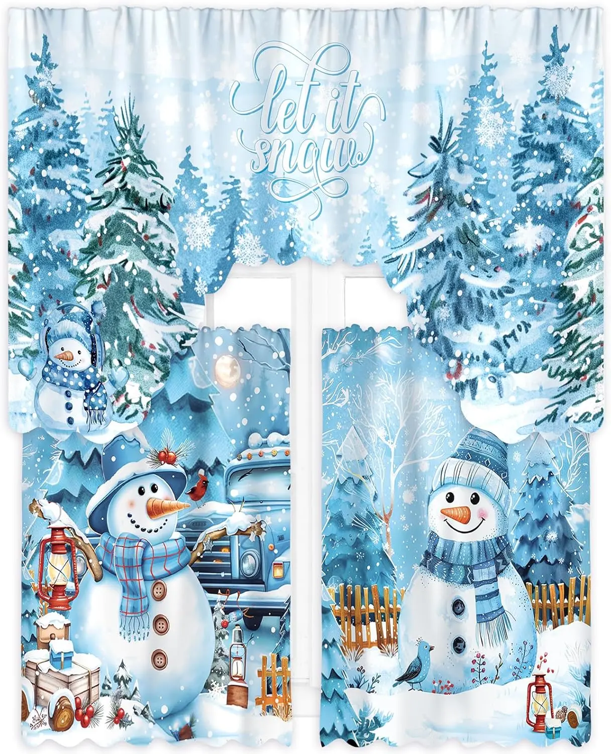 Christmas Kitchen Curtains 3 Piece Set Blue Snowman Window Curtains and Valance Set Xmas Curtain Swag for Kitchen Bedroom Living Room Decor, 60 x 36 Valance, 36 x 30 Tier