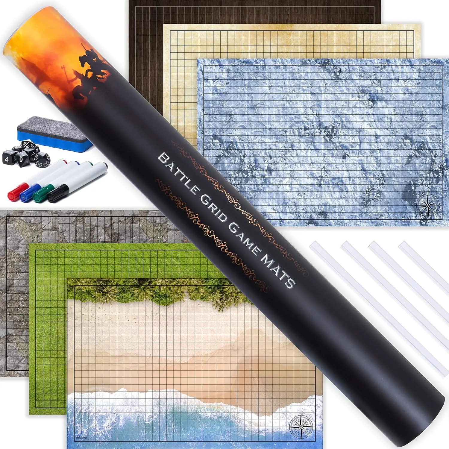 Tidyboss Dungeons and Dragons Starter Set | DND Battle Mat | Double Sides 24x 36 Game Grid Mat | Includes Dry Erase Markers, Eraser, and Clips