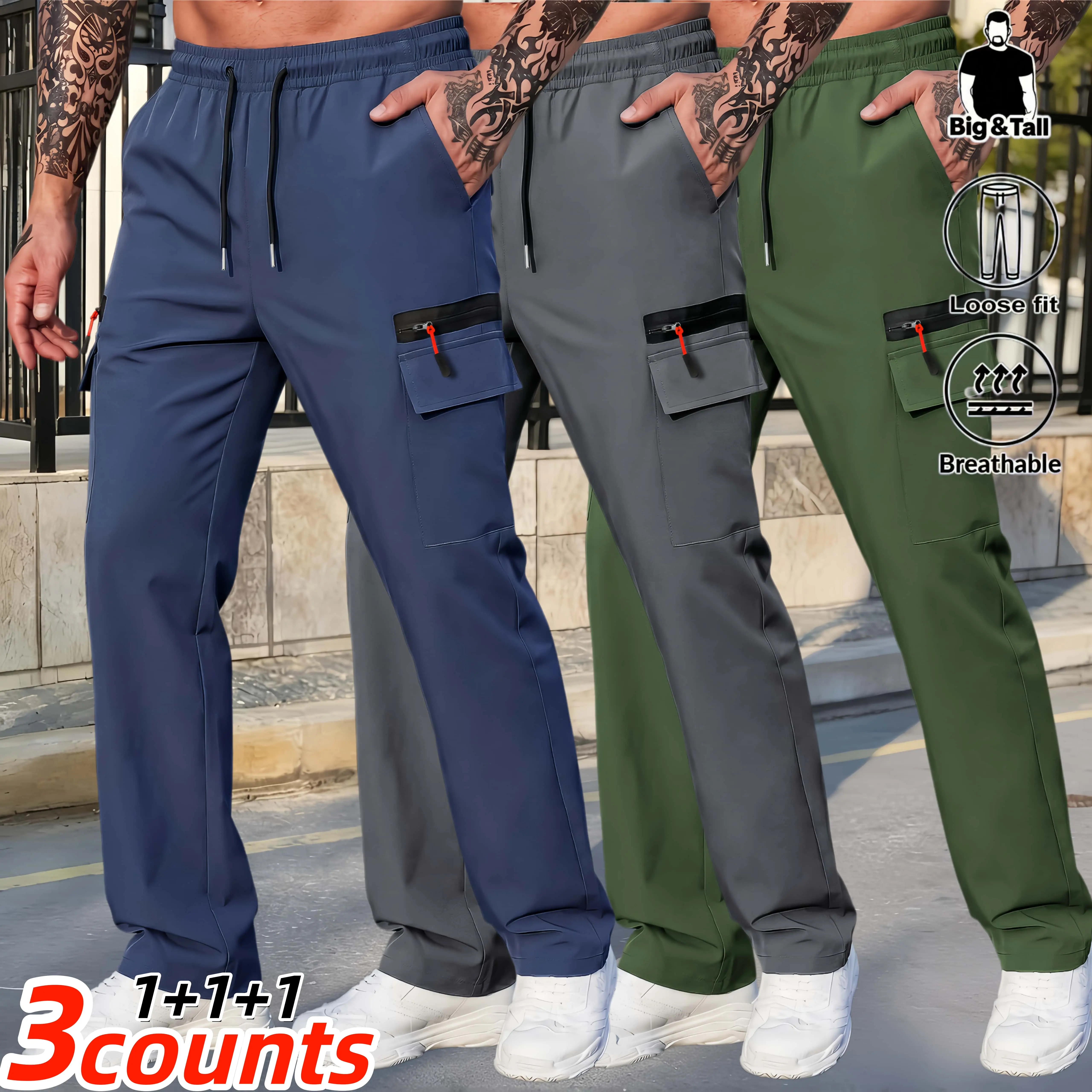 Big & Tall Plus Size Men’s Breathable Loose Fit Cargo Joggers, Lightweight Stretch Casual Work Pants with Zipper Multi Pockets, Tapered Ankle Outdoor Daily Wear Trousers for Large Guys,Comfy Elastic Waist Drawstring Pants