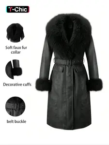 Women's Fall Winter Long Faux Fur Coat, Vintage Style Casual Cotton Woven Jacket with Large Collar and Belt, Elegant Plain Design Outerwear