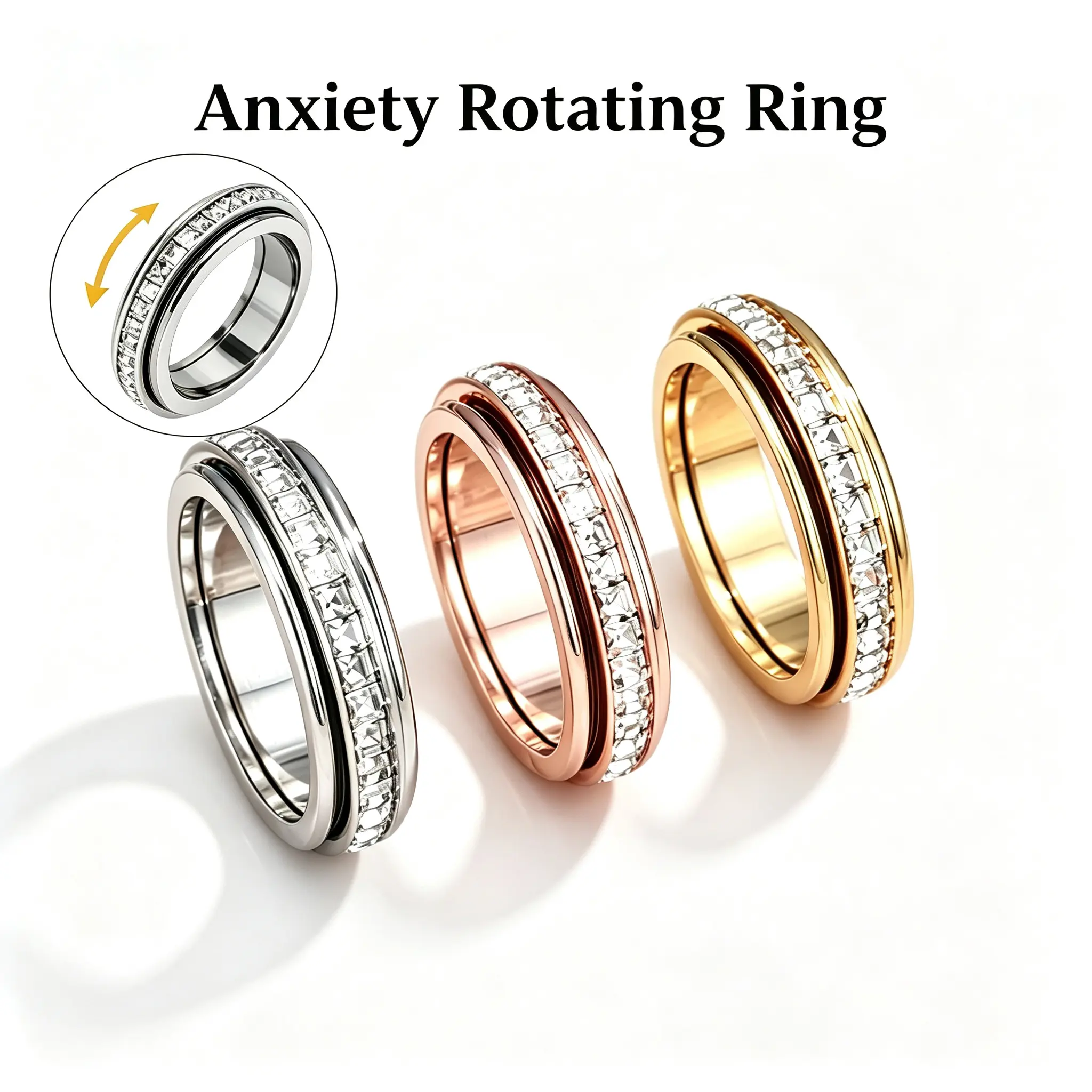 Non Tarnish Titanium Steel Anxiety Spinner Fidget Ring with Cubic Zirconia - Rotatable Round Band, Comfort Fit Wedding Promise Ring for Women, All Seasons Everyday Wear Accessory, Size 6-9