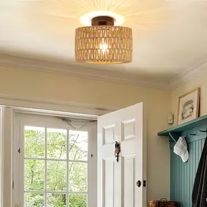Bohemian Ceiling Light Fixture with Adjustable LED Bulb chandelier Mini Rattan Hanging Lamp Shade Handwoven Ceiling Light Fixture for Hallway BedroomKitchen Entrance Living Room Inset Installation lights for bedroom night light lamps for bedroom lamps
