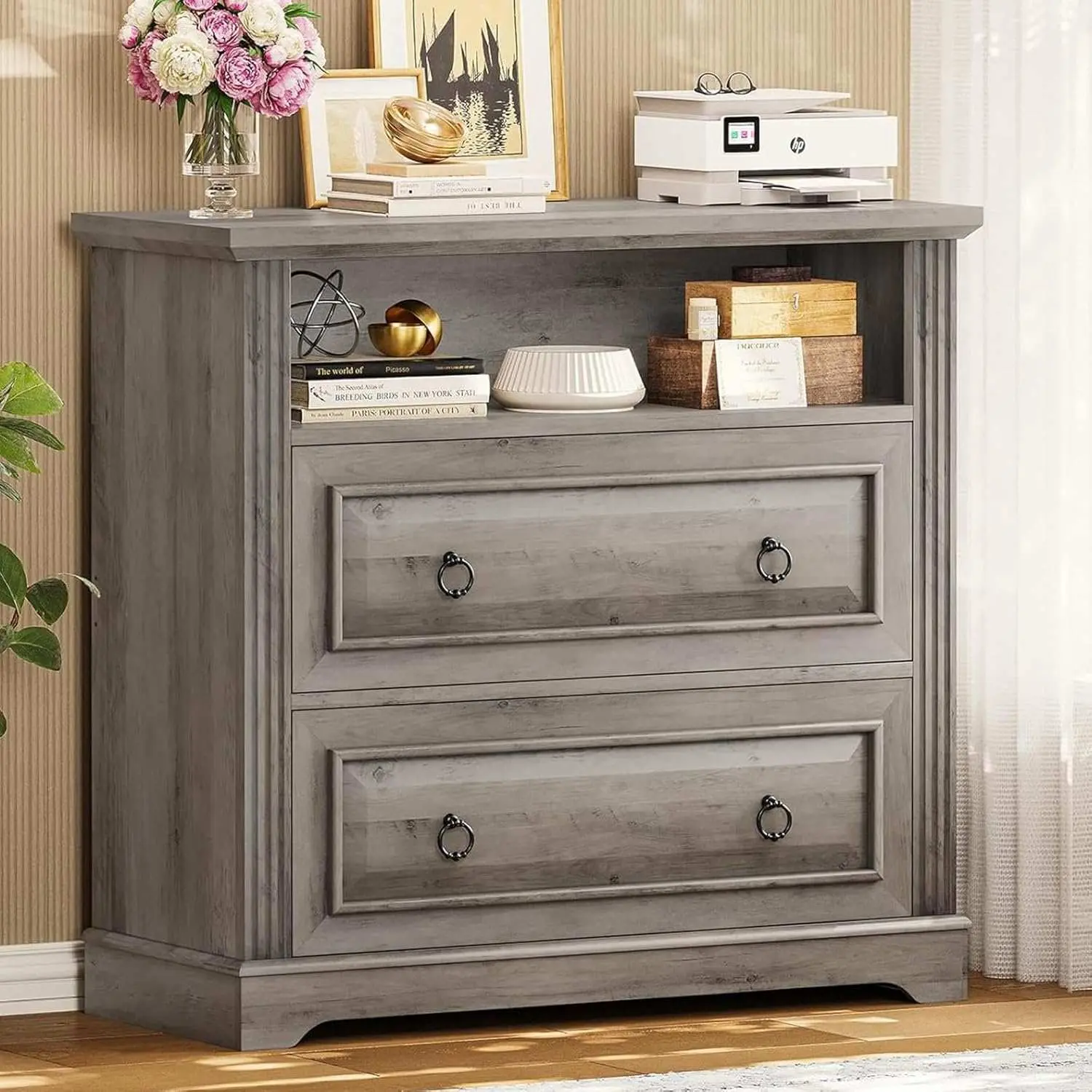 SIKAIC 2-Drawer Filing Cabinet with Printer Stand & Shelves, Grey Assembly-Required Office Storage Furniture for Home Office That Keeps Documents Organized
