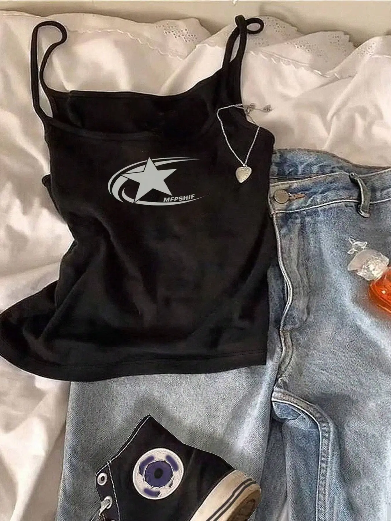 Y2K Star Graphic Cami Top | Adjustable Straps | Slim Fit Crop Tank | MFPSHIF Streetwear Fashion | Womenswear | Coquette Grunge Outfit | TikTok Viral Top | Casual | Trendy Summer Essential | Cropped Tank Top, Camisole Tank Top, Crop Tops