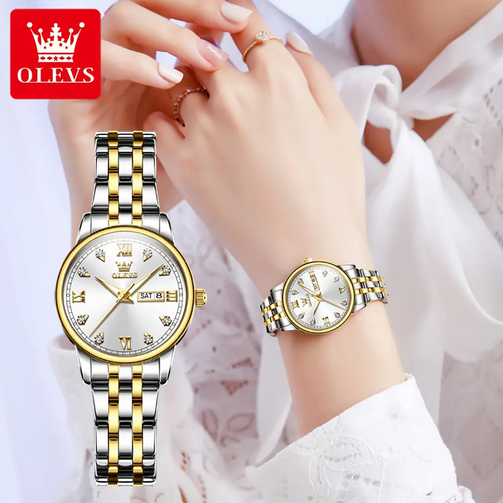 OLEVS Glamorous Rhinestones Decor Wristwatch for Women, Gold-Tone Modern Analog Display, Water Resistant with 12 Months Warranty, Luminous Pointer Watch, 29Mm, Quartz Drive, Water Resistant Analog, < 30M, Accessories For Women