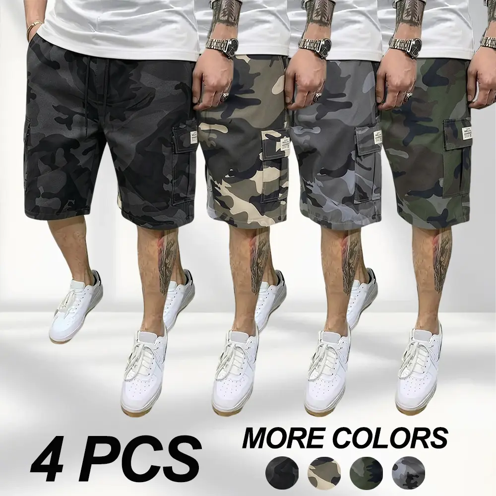 Summer outdoor camouflage cargo shorts for men—loose straight-leg tactical casual pants with multiple pockets, American street fashion design, breathable quick-dry fabric that resists sweat, durable wrinkle resistance, easy care, suitable for outdoor leis