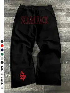 Men's Casual Sporty Long Pants, Dollar Sign & Letter Pattern Print, Drawstring Wide Leg, Loose-Fitting, All Seasons Wear, Casual Sporty Trousers, Letter Print Sweatpants