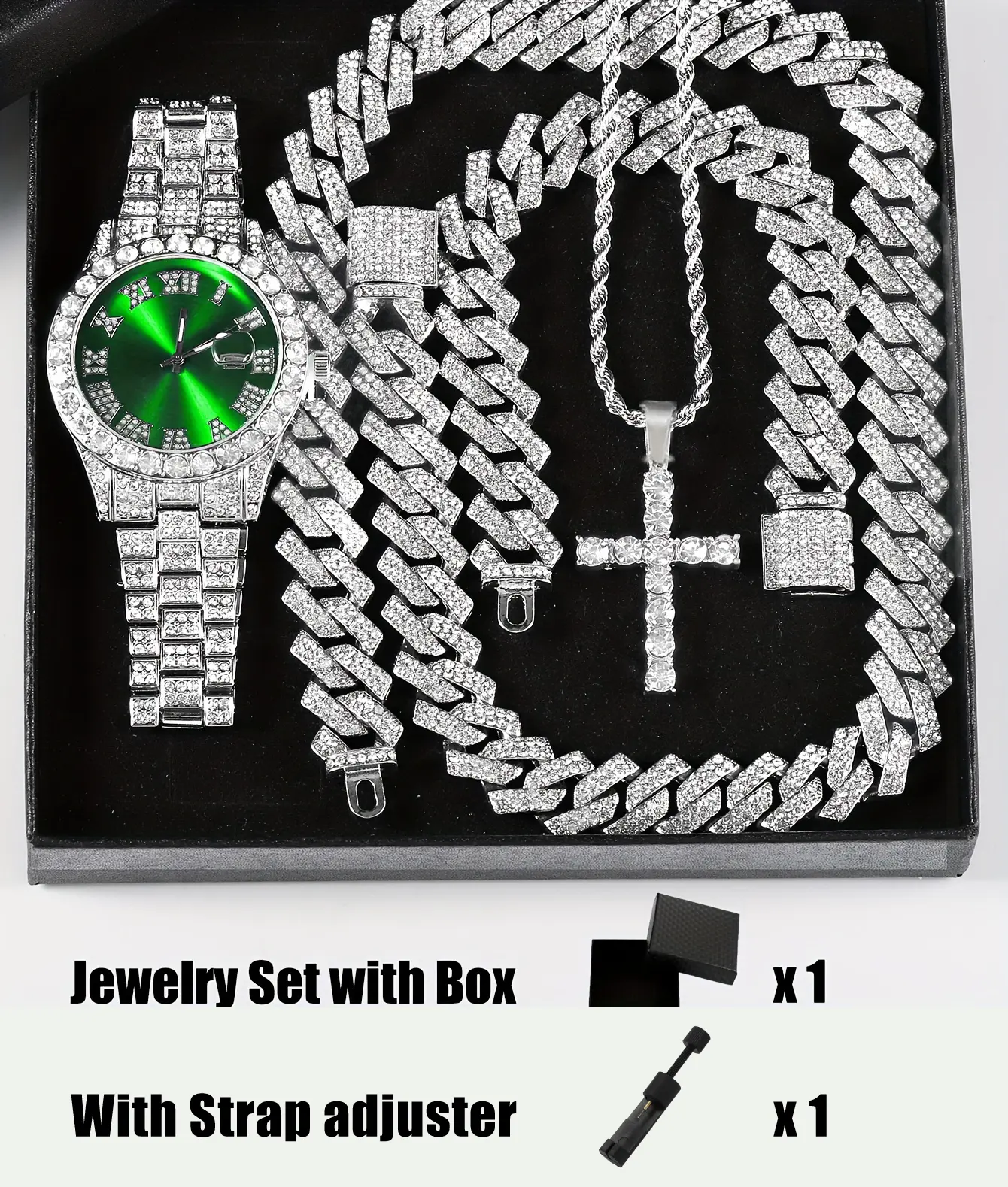 TK Shop Viral Trending Now 4pcs/set Adjustable Iced Out Bling Jewelry Set for Men Women Him Her | Luxury Iced Out Cuban Link Chain, Statement Cross Pendant Necklace, Sparkling Watch & Matching Bracelet Set | Perfect for Parties Dating Club Daily Wear Chri