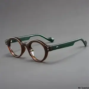 Unisex Retro Small Round Frame Non-Prescription Glasses - Color Block Rice Grain Pattern, Anti-Blue Light, Lightweight Plastic Frames, Geek, Old-Fashioned, 2-Tone, Round-Faced Fit for Daily Work & Study, Geek Non-Prescription Glasses, Old-Fashioned Non-Pr