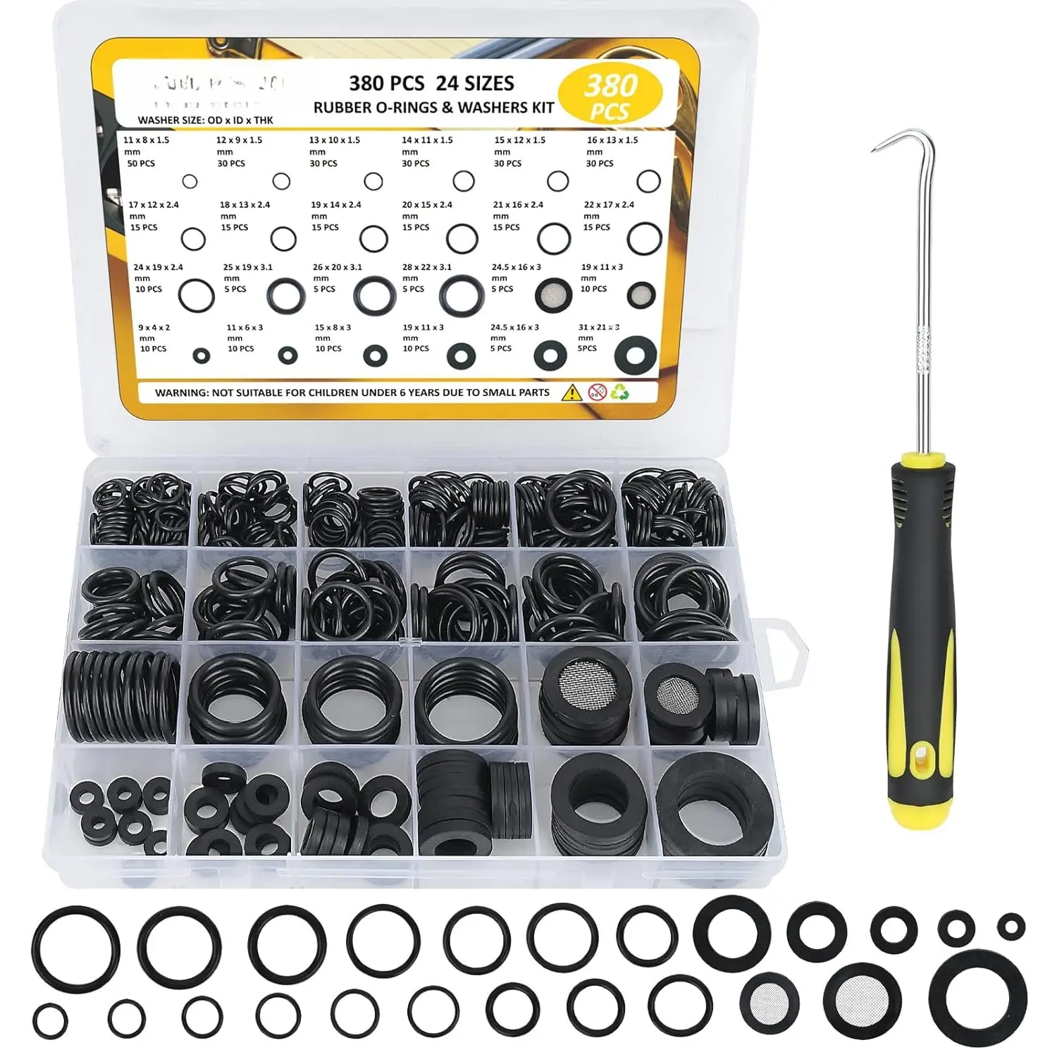 8 Sizes Rubber &  Washers and 16 Sizes O Ring Assortment Kit, 380 count Shower Hose/ Washers with Screen Filter Faucet  Washer 180?Full Pick & Hook Tool for Sealing Repair