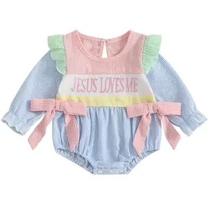 Newborn Baby Girl Outfit Jesus Loves Me Smocked Romper Infant Girls Long Sleeve Striped Bow Onesie Bodysuit Fall Clothes
