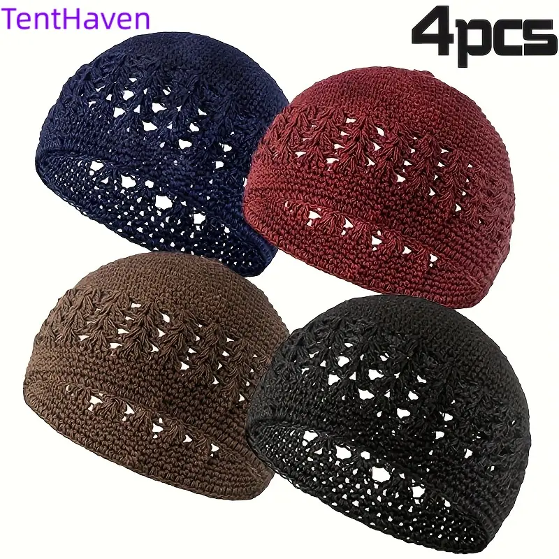 Adults' 4-Pack Solid Color Wheat Ear Knit Beanies, Cotton Blend Thick Preppy Universal Fit, Soft Stretchy for Daily Casual Wear, All Seasons Female Size Sports & Outdoor Hats, Stretch Fit