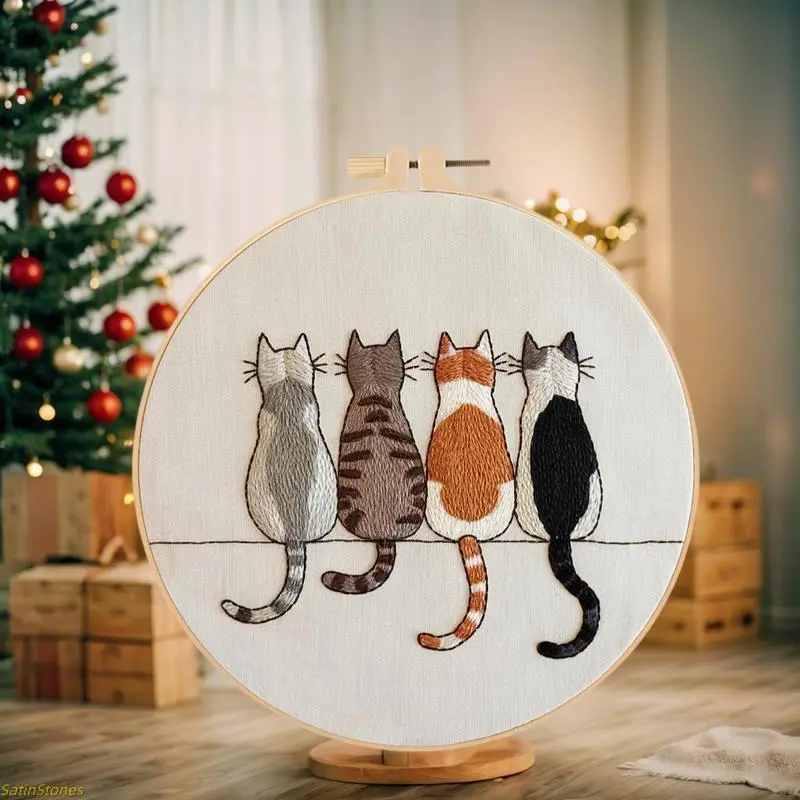 Beginner Christmas Kitty Embroidery Handkerchief Craft Kit - DIY Set with Hoop, Threads, and English Guide