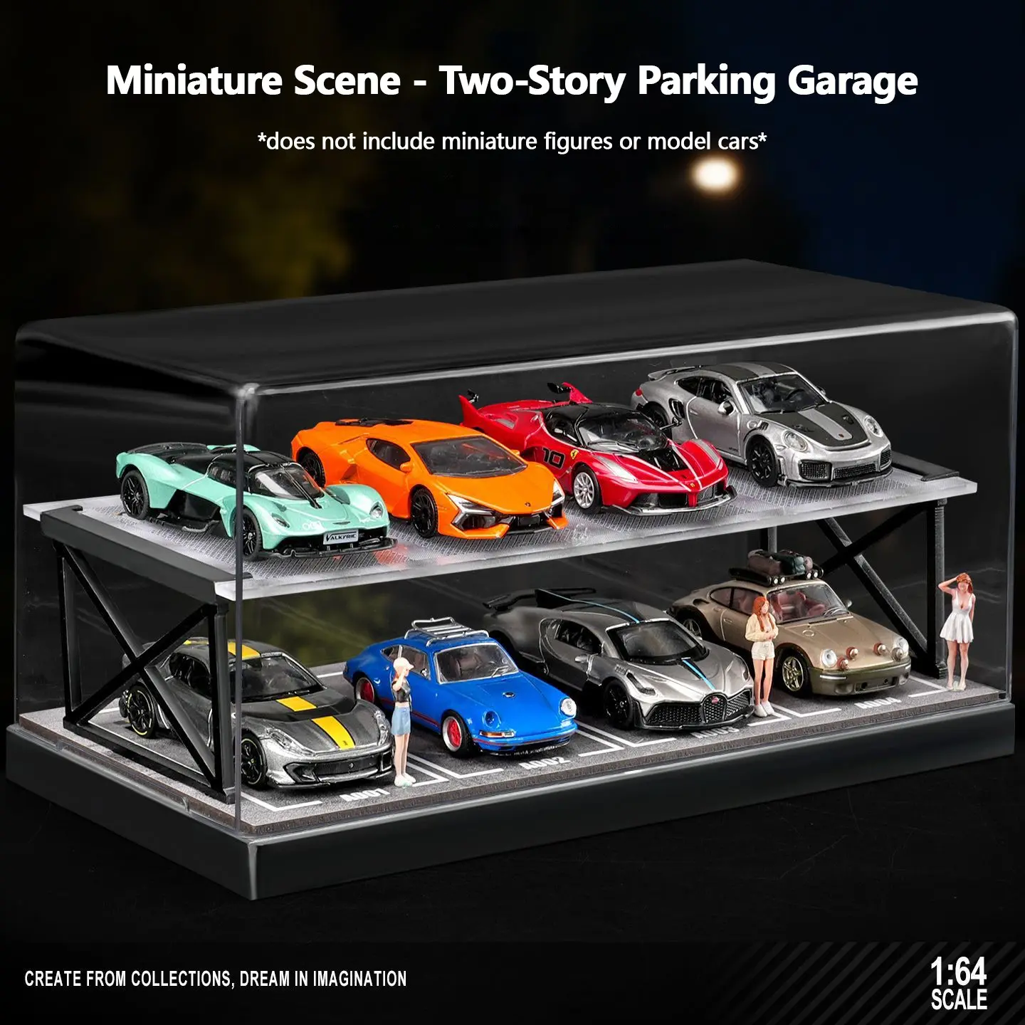 1:64 Two-Story Parking Garage Diorama with Clear Acrylic Dust Cover, Display Window, Racks, Display Case Fits 8 Diecast Cars, Anti-Dust Storage Showcase for Hot Wheels Matchbox Collectors, Collectibles Storage, Desktop Decoration Gift for Hobbyists
