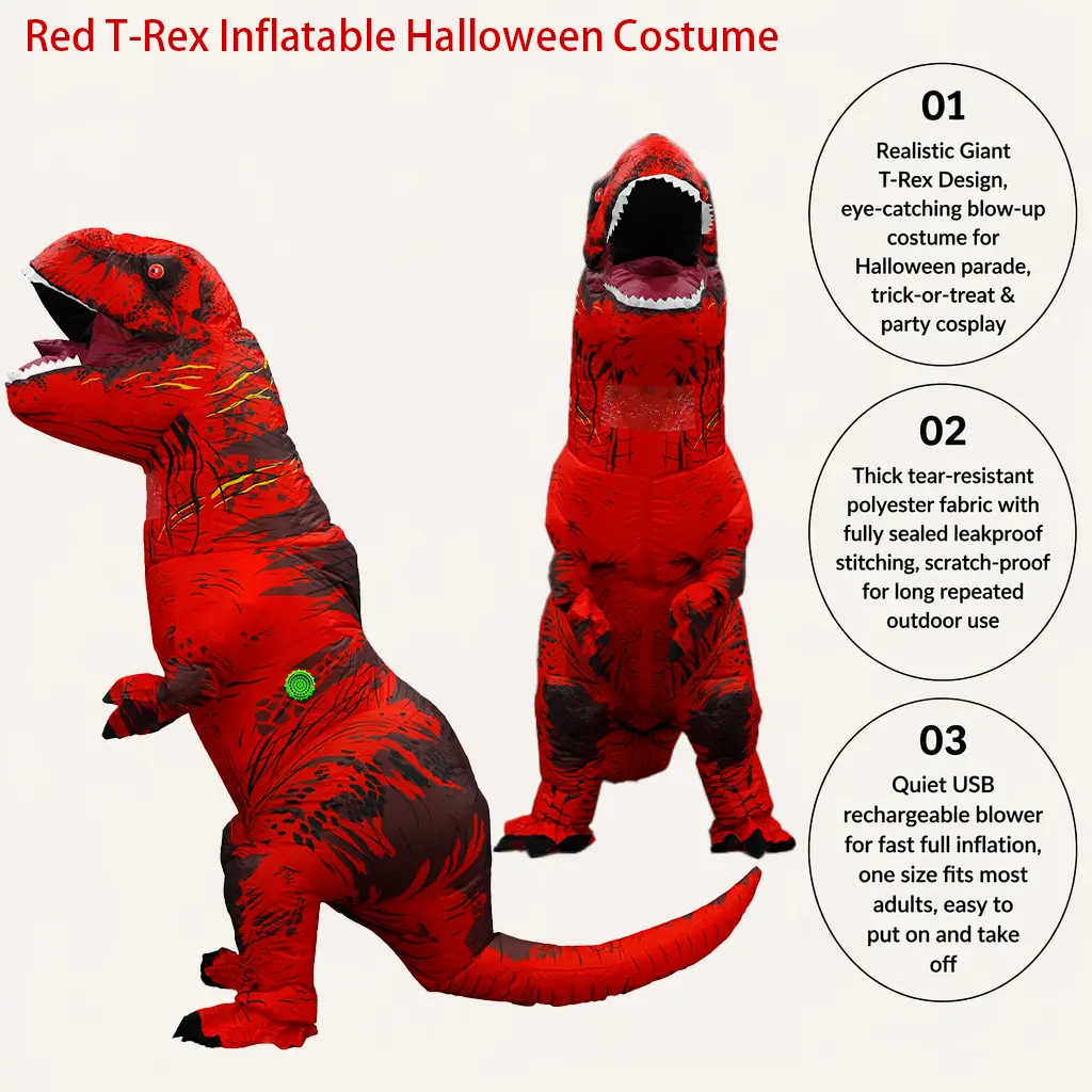 Red T-Rex Inflatable Costume for Adults, Realistic Giant Dinosaur Blow Up Cosplay Suit, Tear Resistant Polyester Leakproof Outfit with Quiet USB Rechargeable Blower, Perfect for Halloween Parade, Trick-or-Treat & Backyard Costume Party