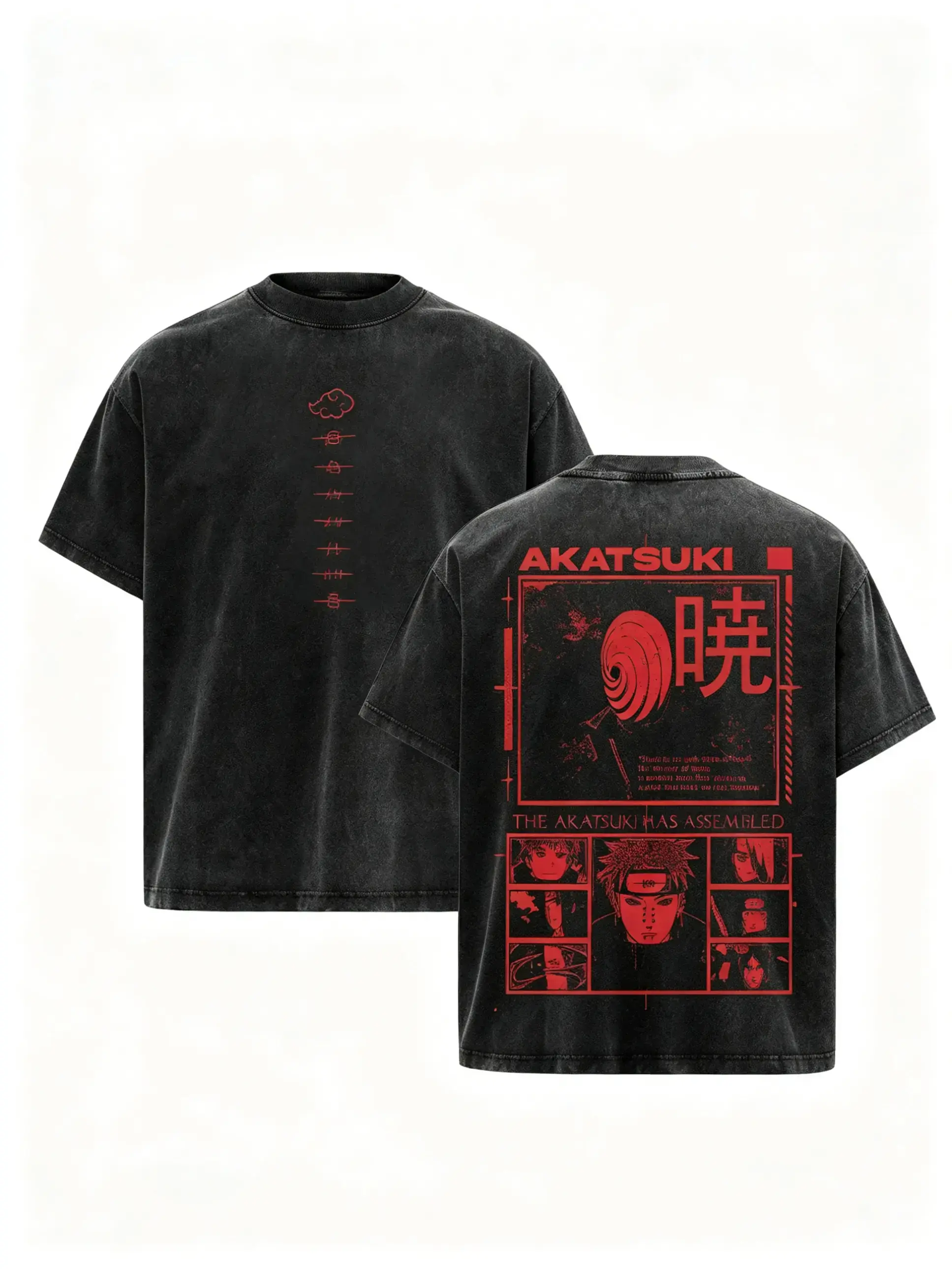 Acid Washed Akatsuki Graphic T-Shirt, Unisex Oversized Streetwear Tee, Casual Short-Sleeve Round Neck Top in 230gsm Premium Cotton, Tshirt, Shortsleeve, Cotton Graphic Tees, Prints, Pre-Washed, Relaxed, Lettuces Trim, Apparel T Shirt, Menswear