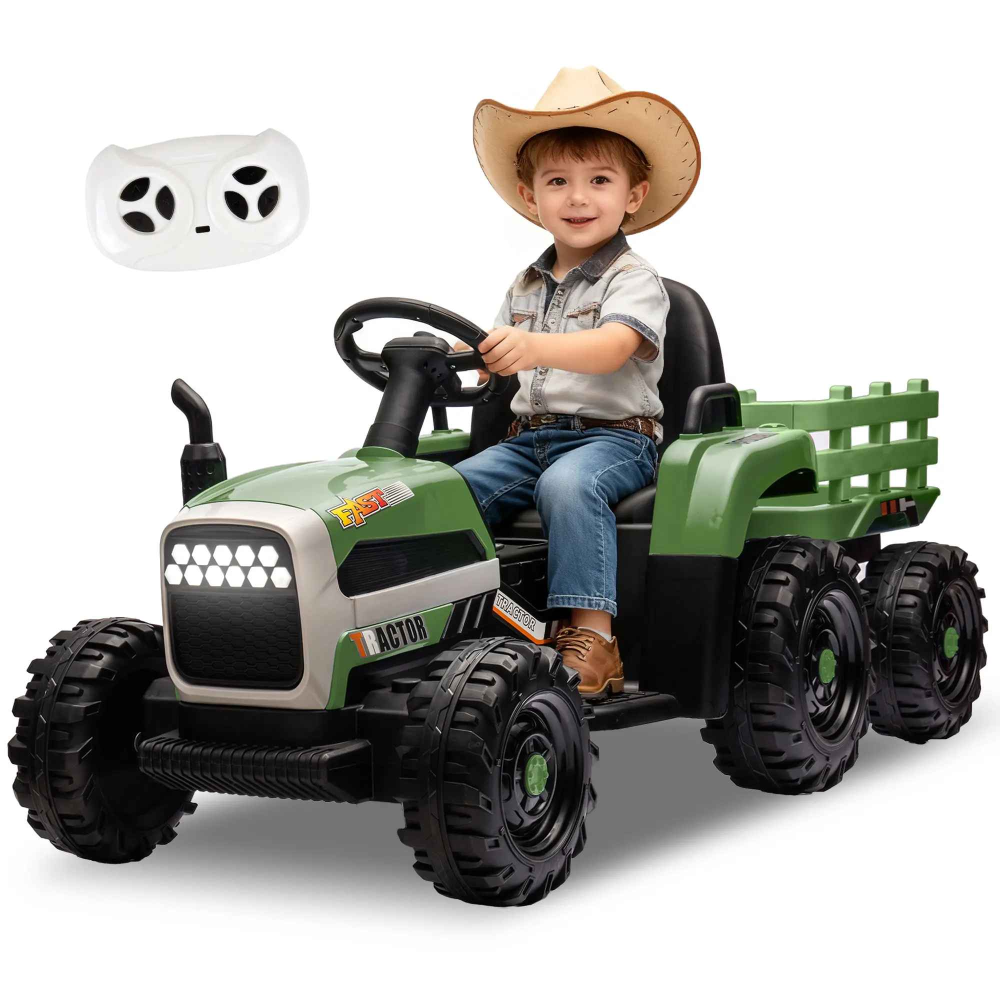 Okybaby 24V 200W*2 Powered Electric Ride-On Tractor Toy with Trailer, Remote Control, 3-Speed Adjustable, ASTM Certified, 3-4 Years, 66.14 lbs, Power Display, USB, MP3, Bluetooth, LED Light, 2-Point Safety Belt, 12 Months Applicable Kids' Electric Car