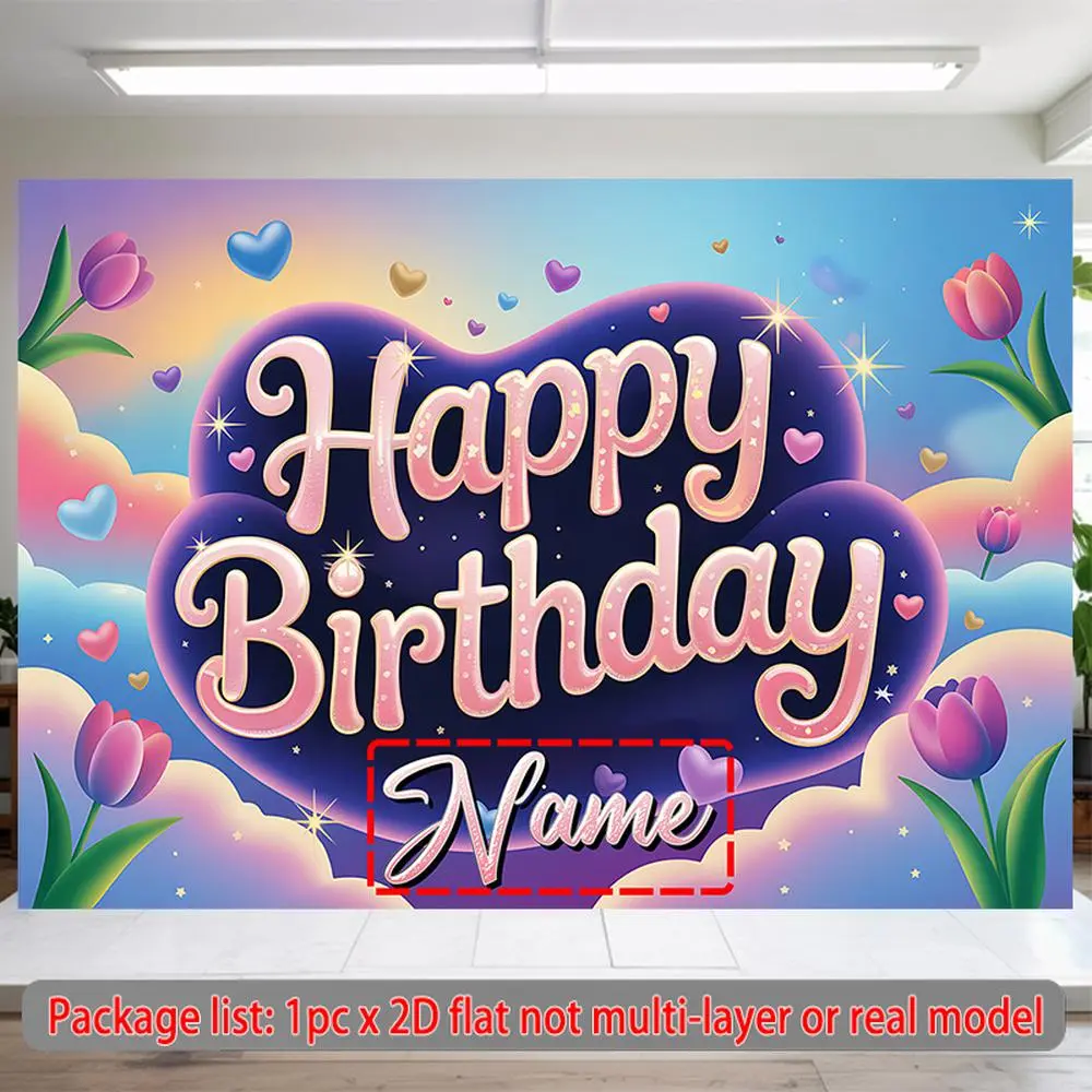 Personalized Happy Birthday Banner with Custom Name, 1pc Large (90.5x70.8 in) Reusable Polyester Party Supply - Firework, Pastel Pink-Blue Heart Balloons Tulips Confetti Design, Wall Hanging Backdrop Picture