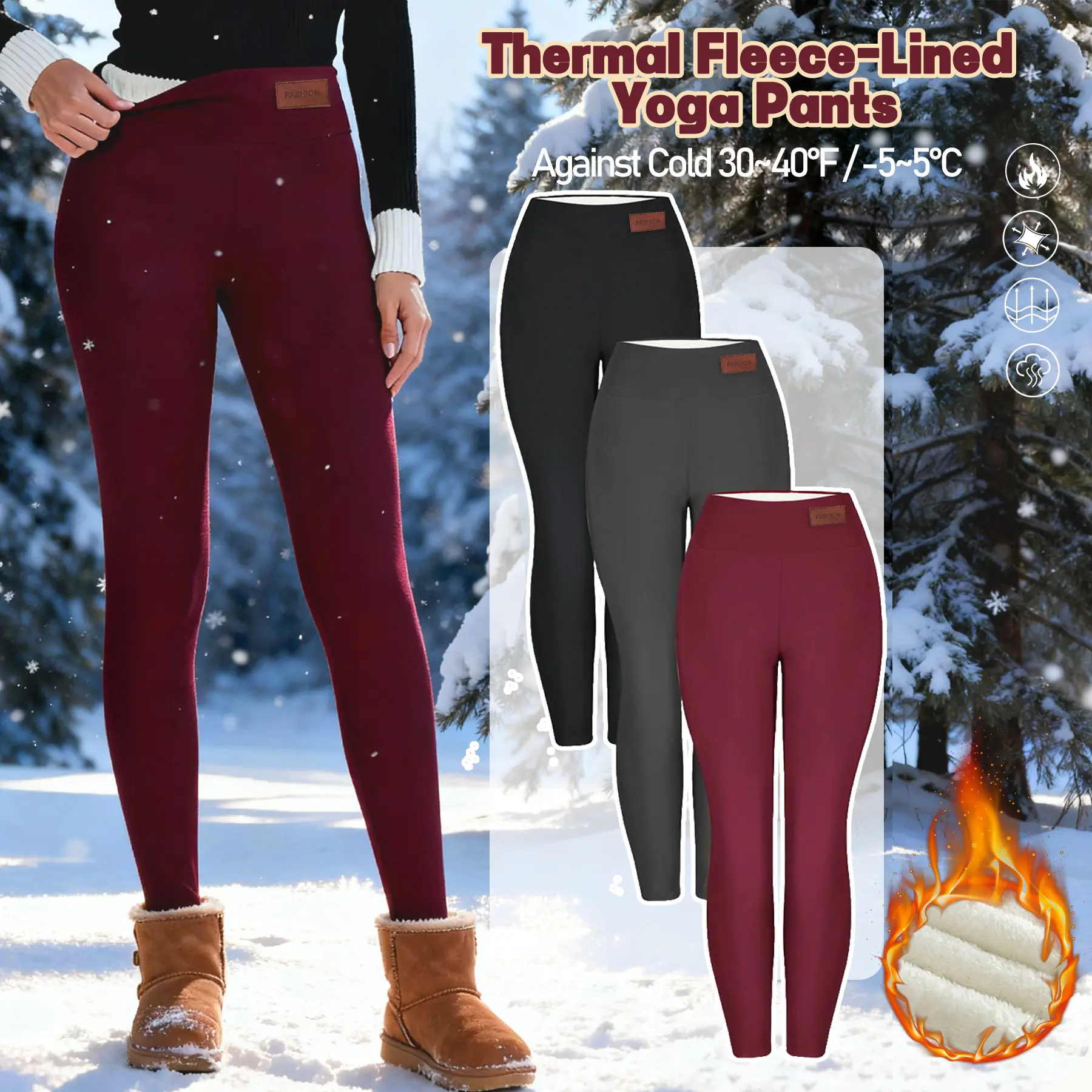 Women's Chic Athletic Thermal Pants - Plain High-Waist Stretchy Slim-Fit, Preppy Sherpa Fleece-Lined Full Length Warmer Leggings