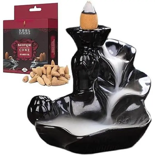 Cascade Backflow Burner + Go Away Evil Backflow Cones Combination Set Incense Sandalwood Jasmine Rose