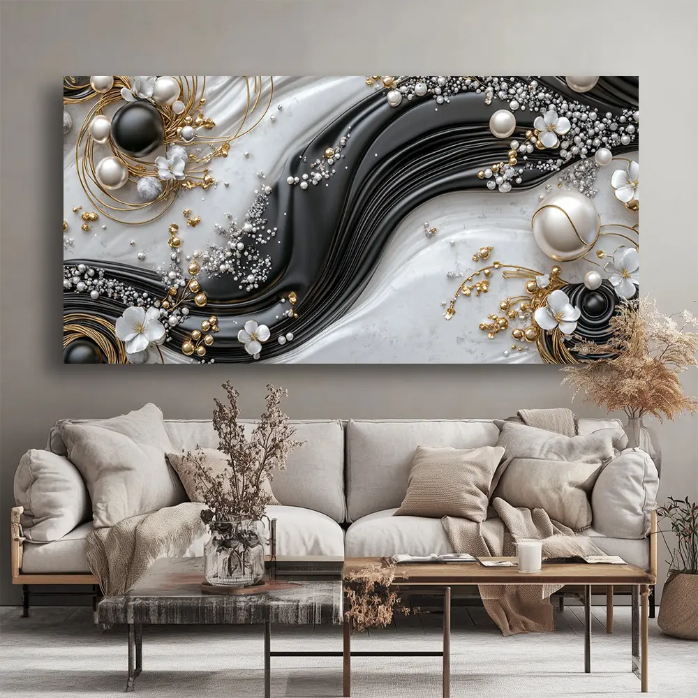 Elegant Pearl Modern Abstract Canvas Wall Art with Solid Wood Frame - High-Quality Printed Decor for Living Room, Office, Home Interiors