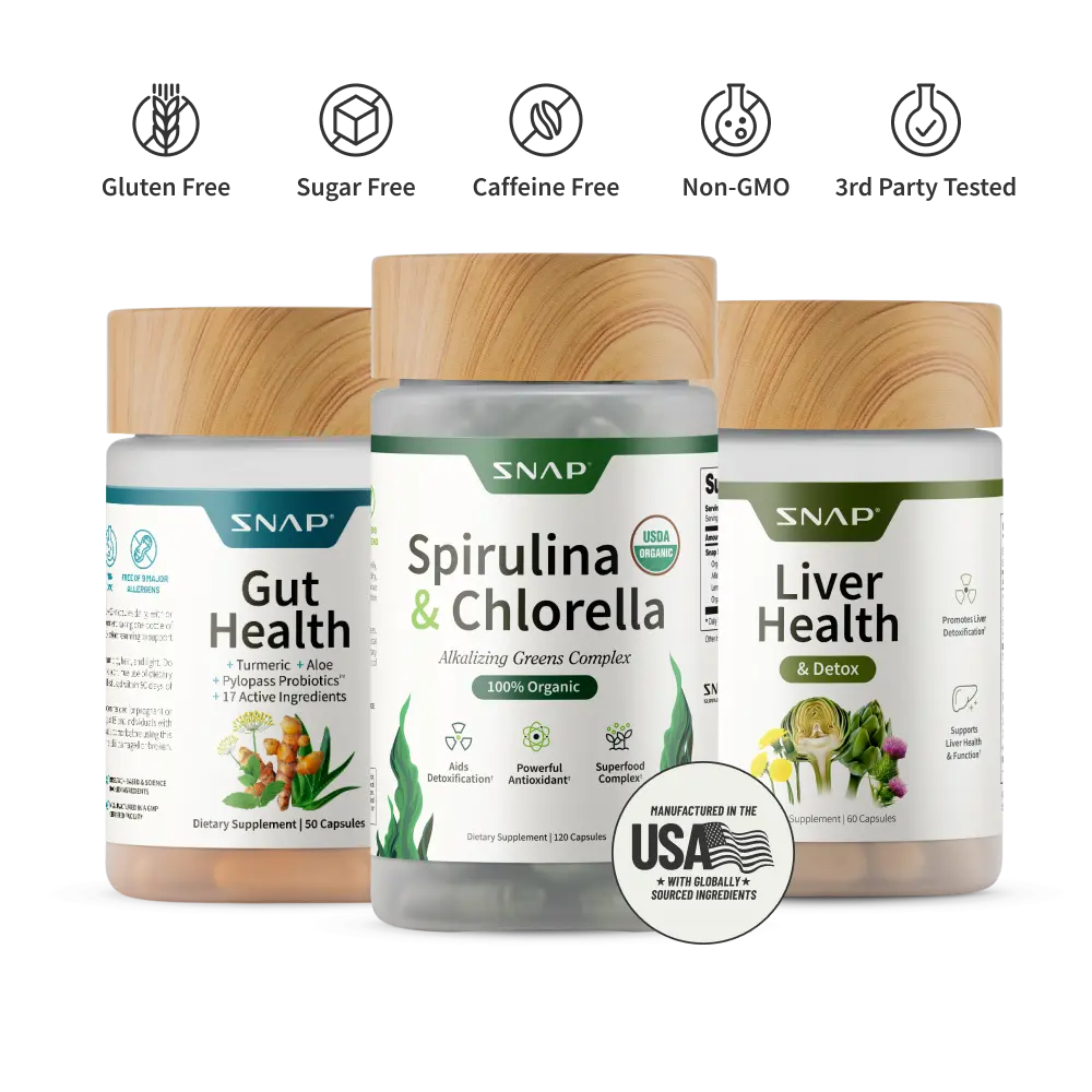 Snap Supplements – Gut Health + Spirulina & Chlorella + Liver Health Bundle – Natural Supplement Capsules – Support Digestive Health, Detox, and Gut Microbiome Balance Snap Supplements – Gut Health + Spirulina & Chlorella + Liver Health Bundle – Natural Supplement Capsules – Support Digestive Health, Detox, and Gut Microbiome Balance