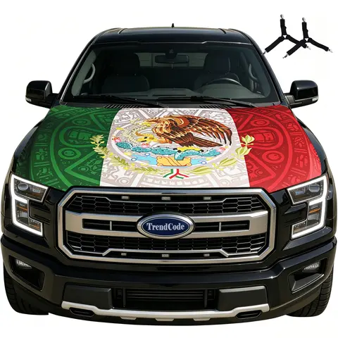 Mexican Flag Aztec Emblem Polyester Fiber Car Hood Cover - Durable Cover, 120×155 cm Fabric, Universal Fit for Most Vehicles, Trucks, SUVs, 2-in-1 Set with 2 Sturdy Triangle Clips, Patriotic Auto Exterior Decoration Accessory