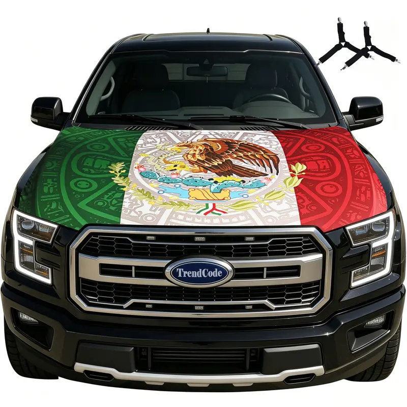 Mexican Flag Aztec Emblem Polyester Fiber Car Hood Cover - Durable Cover, 120×155 cm Fabric, Universal Fit for Most Vehicles, Trucks, SUVs, 2-in-1 Set with 2 Sturdy Triangle Clips, Patriotic Auto Exterior Decoration Accessory