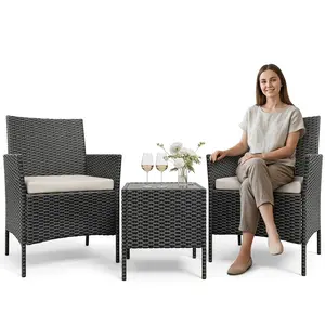 Garvee Modern 3-Piece PE Rattan Wicker Outdoor Bistro Set, 2 Chairs with Coffee Table, All-Weather Conversation Furniture, Space-Saving for Porch, Balcony, Garden, Backyard