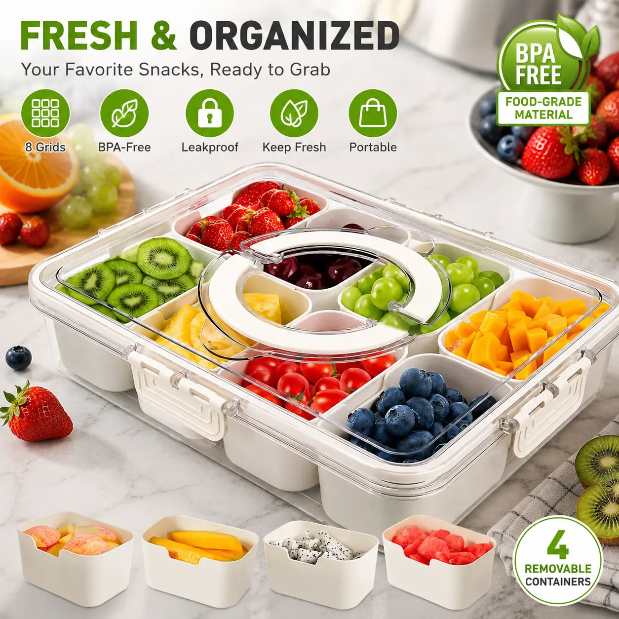 Upgraded Square Divided Snackle Box with Lid - Sturdy, Airtight, Spill-Proof, Transparent, Hygienic Tin with Handle for Party Charcuterie Platter, Portable Home Kitchen Food Storage & Organization, Gift for Boyfriend
