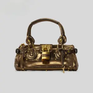 Vintage Fall Studded Pillow Top Handle Purse With Gold Lock Detail