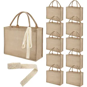10 Pack Large Burlap Tote Bags Bulk,  Jute Tote Bag with 10Yd Ribbon Blank Burlap  Bag with Handle  Beach Tote Bag for Shopping Bridesmaid  Bag 15.3'' x 12.2'' x 5.9''
