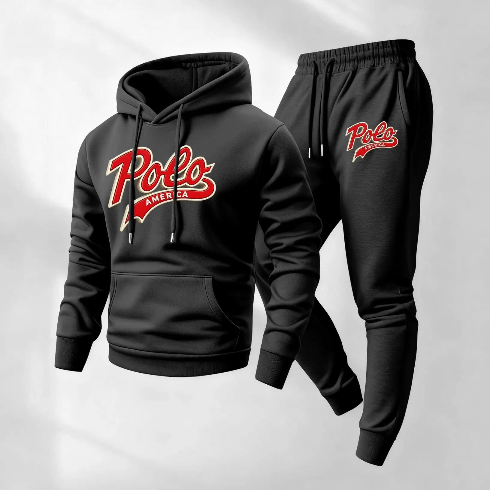 Men's classic American-style printed hooded sweatshirt and drawstring sweatpants set, men's casual sportswear, long-sleeved hooded jacket and trousers, suitable for autumn and winter wear, men's everyday casual wear, sports suit, casual athletic wear.