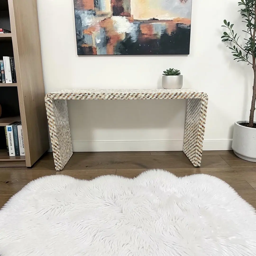 Rowena Interiors Ventura Reclaimed Wood and Mother of Pearl Waterfall Console Table