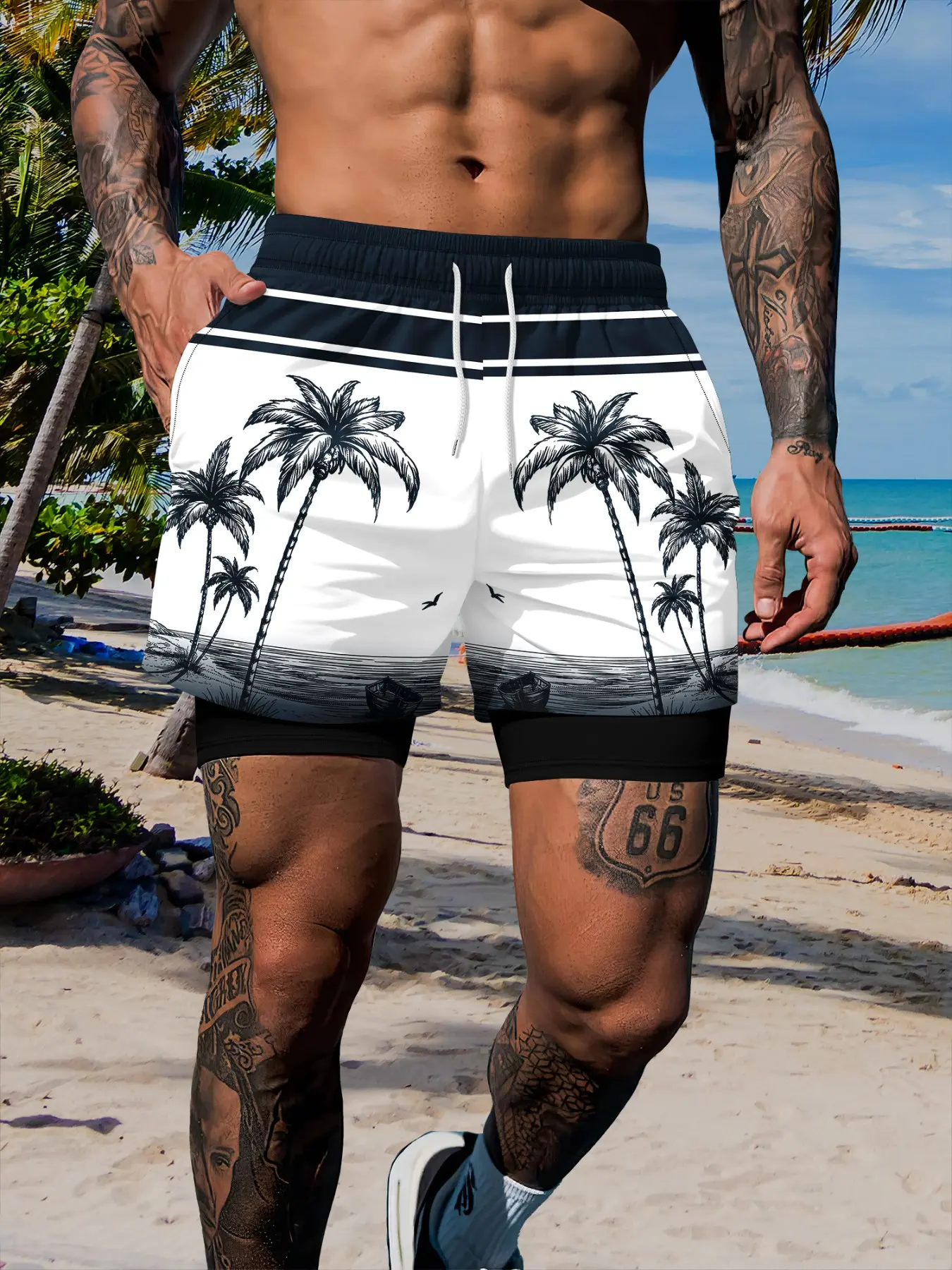 2026 New Men's Two-In-One Coconut Tree Print Beach Shorts, Surfing Swimming Summer Swim Bottoms Casual Vacation, Summer Beach Trunks, Fitted Drawstring Waist, All over Print
