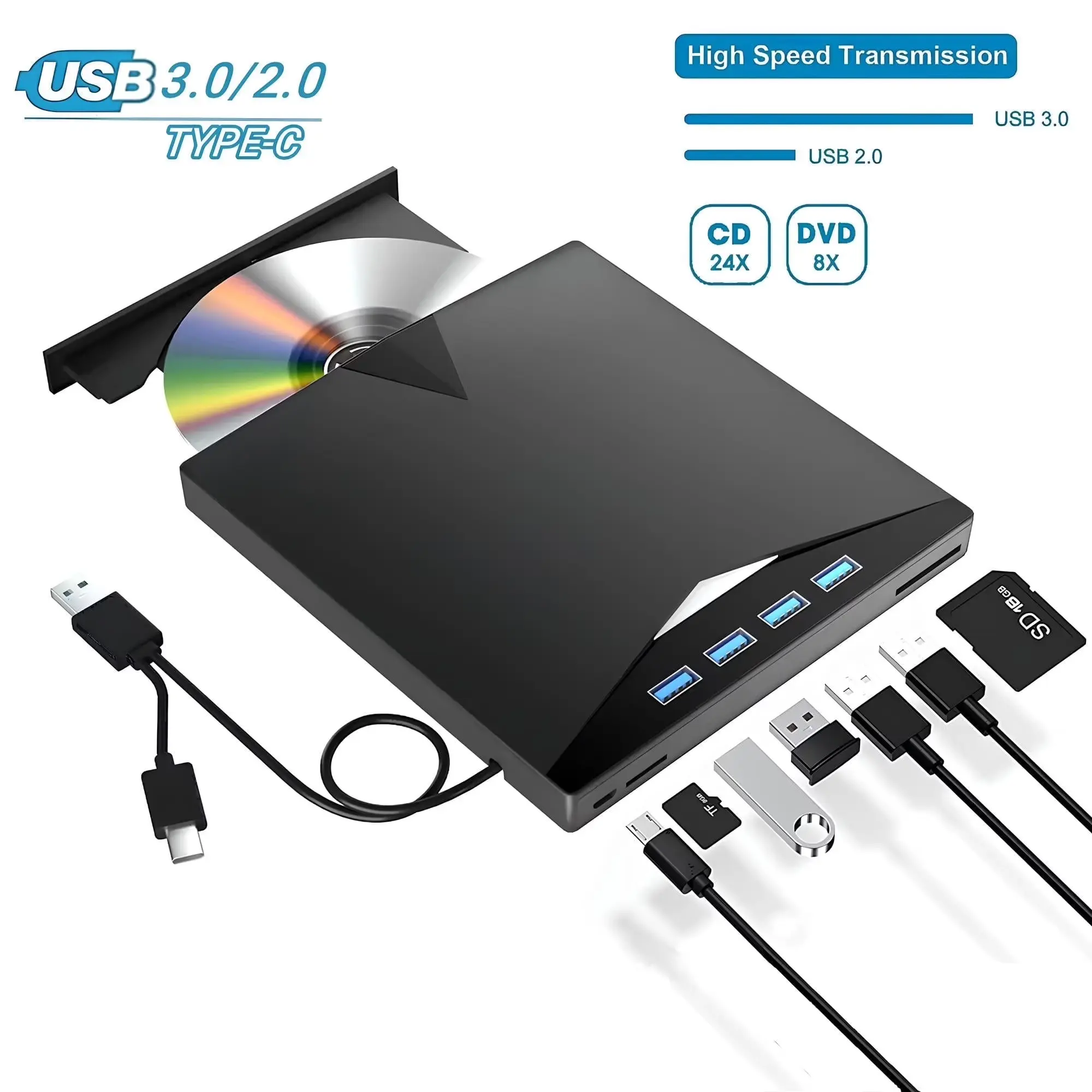 Laptop External CD DVD Drive, [7 in 1] Type-C CD/DVD Player USB 3.0, Portable CD/DVD ROM Burner with TF/SD Card Slot for Desktop Windows 11/10/8/7 Linux Mac OS (Black)