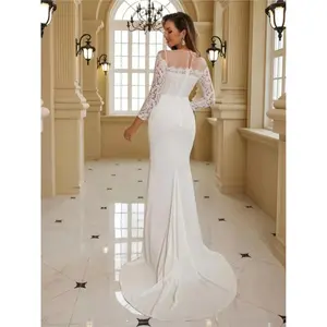 Elegant K66 Style Gown for Women - V-Neck, Long Sleeve, Solid Color Jersey Material, Perfect for Weddings and Formal Events, Wedding Dresses Collar Fabric Womenswear Comfort Polyester Chic White Basic Minimalist Bridal Outfit