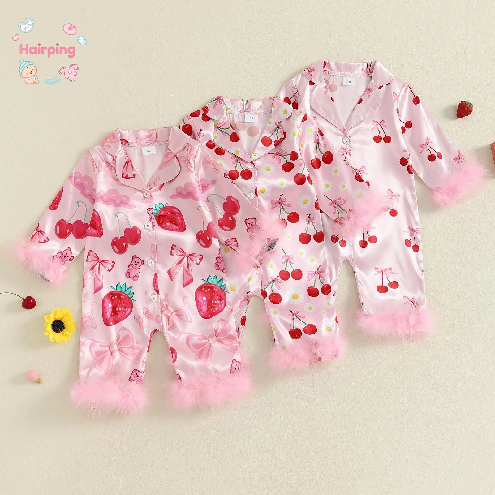 Baby Girls' 100% Polyester Satin Pajama Set, Long-Sleeve Turn-Down Collar, Cherry Print, Furry Cuffs & Hem, Breathable Bedtime Ease Sleepwear, Sweet Look Newborn Gift Set