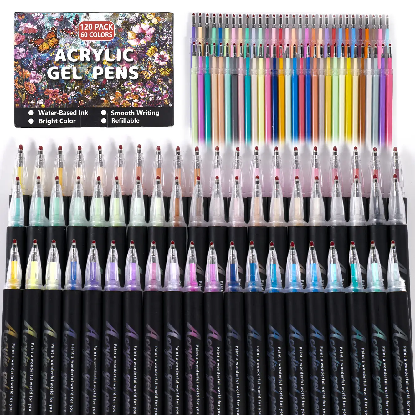 120 Pack 60 Color Gel Pen Refills, Universal Sparkle Ink Cartridges for Art Creation, Handmade Crafts, Writing, Acrylic Painting Pen, Waterproof Markers