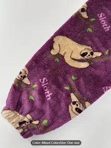 Plus Size Cute Sleepwear Robe, Women's Plus Sloth Print Fleece Lengthened Warm Flannel Wearable Hooded Blanket