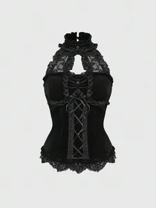 Fairycore Goth Velvet Lace Patchwork Camisole Stand Collar Tie Waist Elegant Women Top