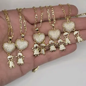 Gold Heart & Family boys and girls charms a Pendant Necklaces Set for Women - Sparkling Cubic Zirconia Jewelry - Perfect Gift for Mothers Day
