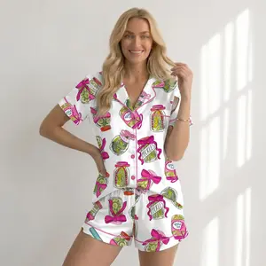 Women's Pickle Pink Bow Satin Pajama Set, Coquette Christmas Sleepwear Long Pants, Holiday Loungewear, Pickle Lover Gift for Her